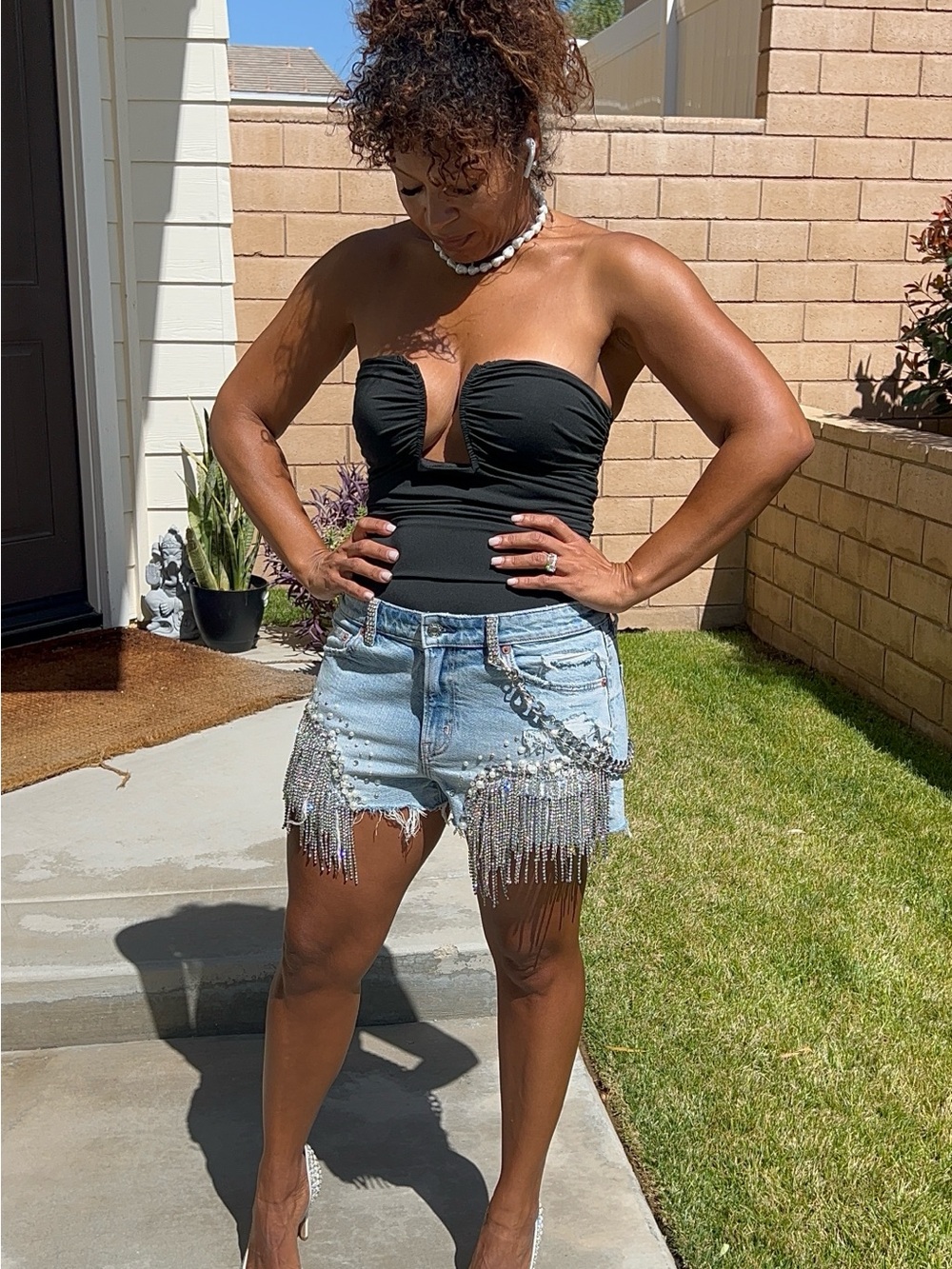 American Eagle Hand-Embellished Rhinestone Pearl Fringe Denim Festival Shorts - Picture 12 of 17